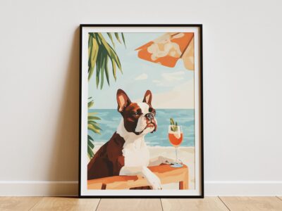 Boston Terrier Beach Summer Coastal Puppy Wall Art