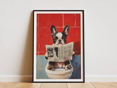 Boston Terrier Puppy Toilet Reading Newspaper Wall Art