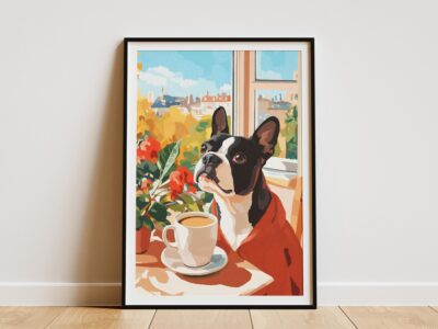 Boston Terrier Cozy Cafe Coffee Lover Wall Art