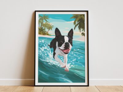 Boston Terrier Splashing Ocean Hawaiian Beach Wall Art