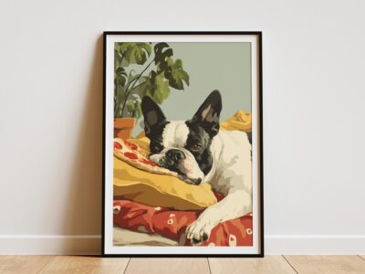 Boston Terrier Eating Pizza Bed Cozy Wall Art