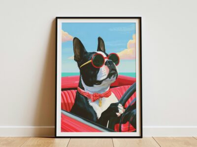 Boston Terrier Driving Convertible Summer Vacation Wall Art