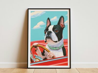 Boston Terrier Driving Convertible Retro Car Wall Art