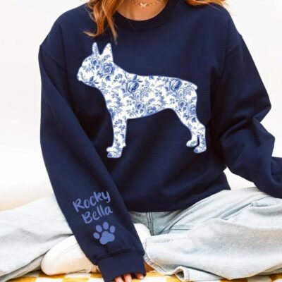 Boston Terrier Blue Floral Custom Sweatshirt